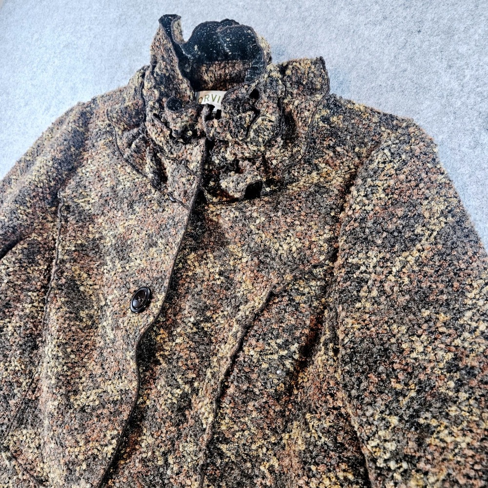 Orvis Womens Boucle Wool Blend Ruffle Collar Button Front Long Coat Jacket XL
